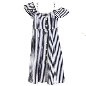 NWOT ZARA Dress M Linen Cotton Striped V A-Line Flutter-Slv Button-Up Navy-White